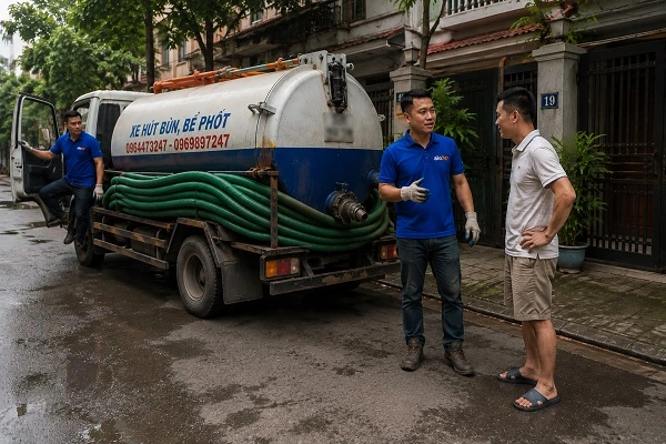 Thợ alo247 kiểm tra và tư vấn phương án hút bể phốt cho khách hàng tại Đống Đa