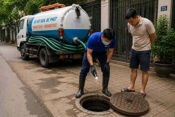 Thợ alo247 kiểm tra và tư vấn phương án hút bể phốt cho khách hàng tại Hà Đông