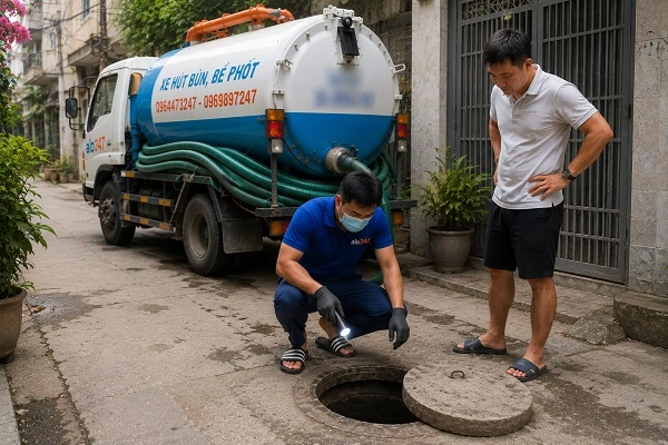 Thợ alo247 kiểm tra và tư vấn phương án hút bể phốt cho khách hàng tại Phú Xuyên