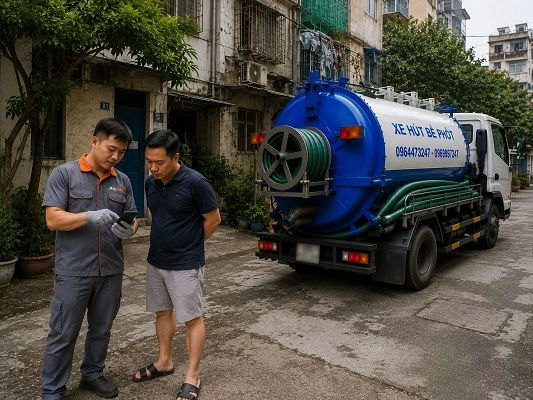 Thợ alo247 kiểm tra và tư vấn phương án hút bể phốt cho khách hàng tại Thanh Trì