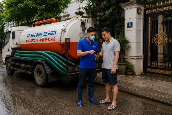 Thợ alo247 kiểm tra và tư vấn phương án hút bể phốt cho khách hàng tại Thường Tín