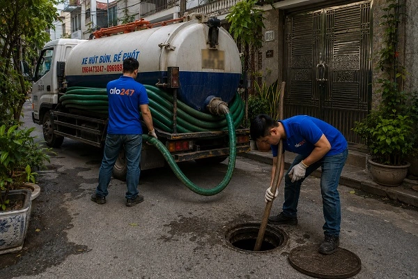 Thợ alo247 thực hiện hút bể phốt tại Đống Đa