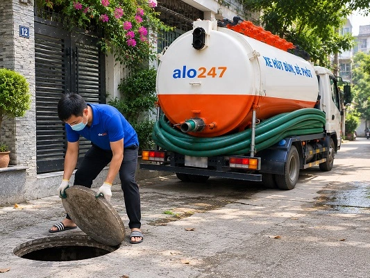 Thợ alo247 thực hiện hút bể phốt tại Thạch Thất