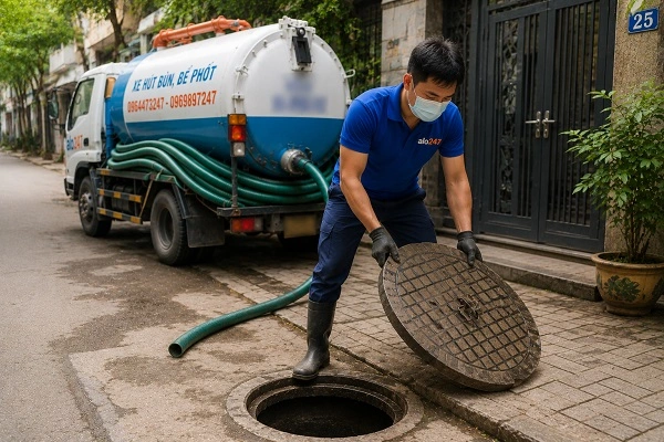 Thợ alo247 thực hiện hút bể phốt tại Thanh Trì