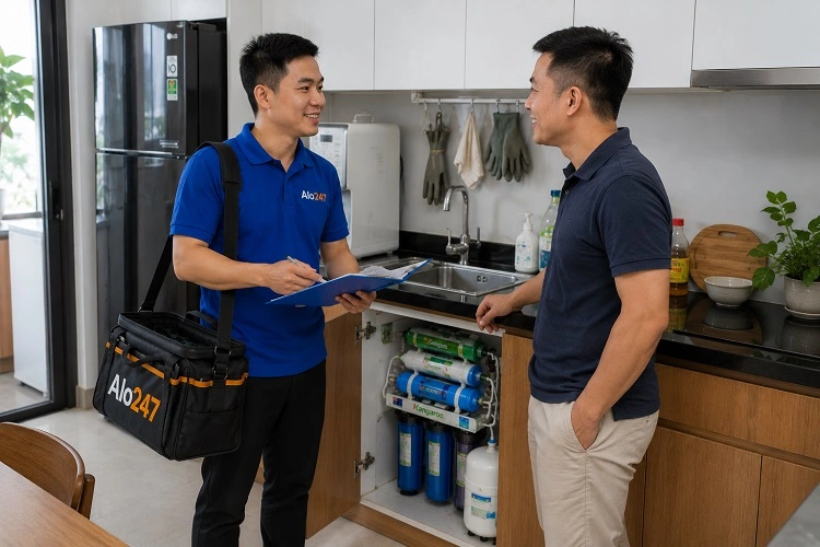 Thợ alo247 trao đổi thông tin bảo hành dịch vụ sửa máy lọc nước tại Thanh Xuân