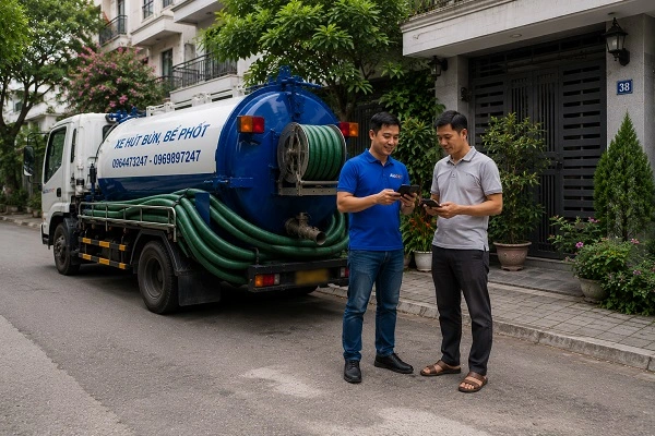Thợ alo247 tư vấn dịch vụ hút bể phốt cho khách hàng tại Hoàng Mai