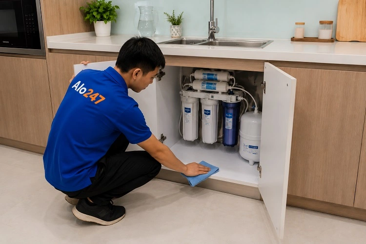 Thợ alo247 vệ sinh sạch sẽ sau khi sửa máy lọc nước tại Thanh Xuân