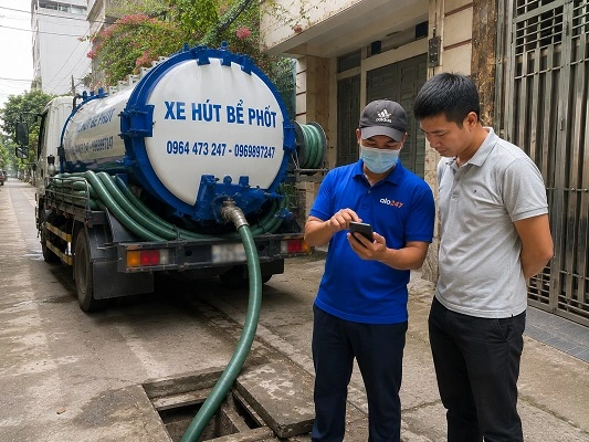 Thợ giải thích phương án hút bể phốt bằng xe chân không cho khách hàng tại Gia Lâm
