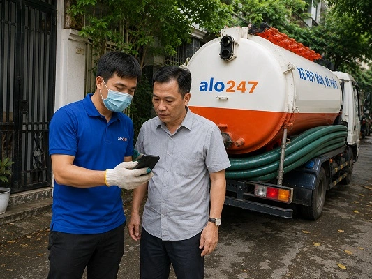 Thợ giải thích phương án hút bể phốt bằng xe chân không cho khách hàng tại Hoài Đức