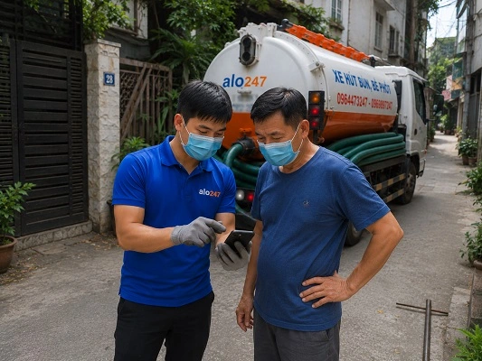 Thợ giải thích phương án hút bể phốt bằng xe chân không cho khách hàng tại Phúc Thọ