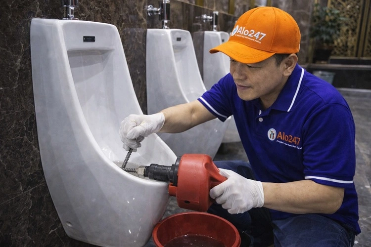 thợ alo247 đang thông tắc bồn tiểu nam
