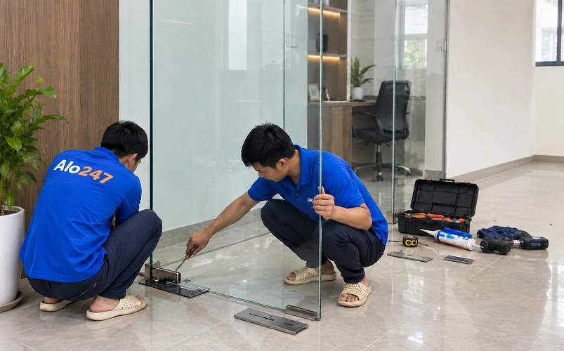 Thợ Alo247 đang sửa cửa kính thủy lực bị xệ cánh