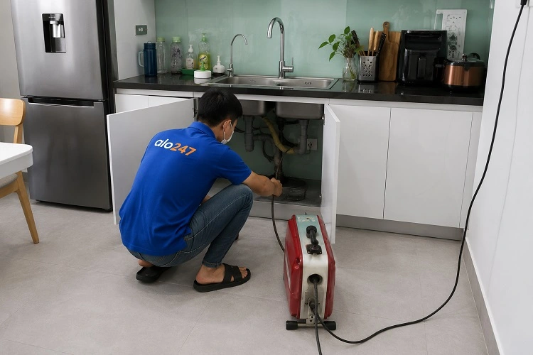 Thợ Alo247 dùng máy lò xo thông tắc cống chậu rửa bát tại nhà bếp