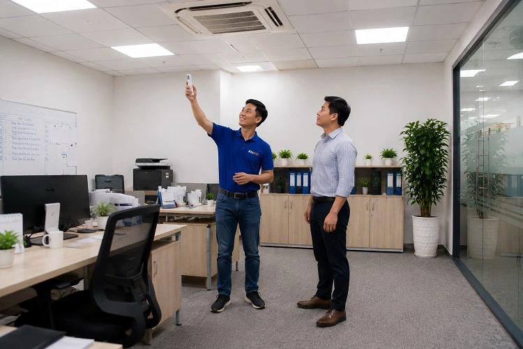 Thợ alo247 bàn giao và trao đổi bảo hành dịch vụ sửa điều hoà tại Cầu Giấy