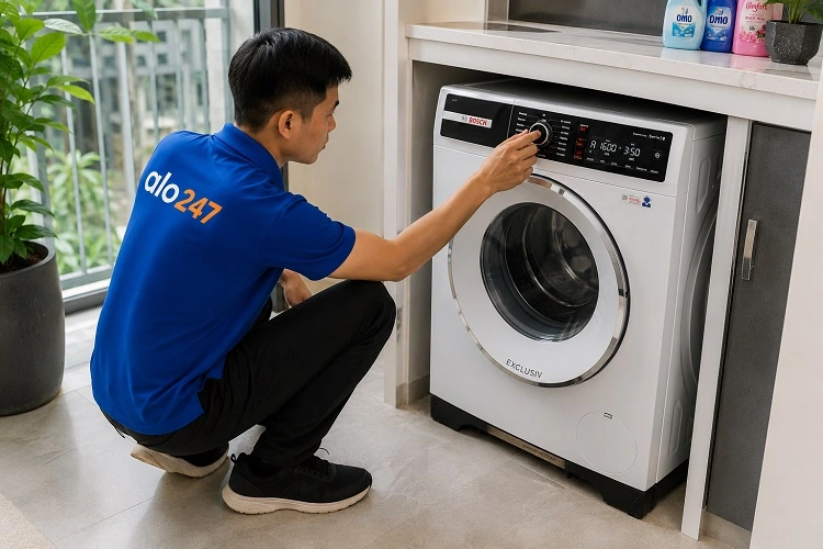 Thợ alo247 chạy thử sau khi sửa máy giặt Bosch