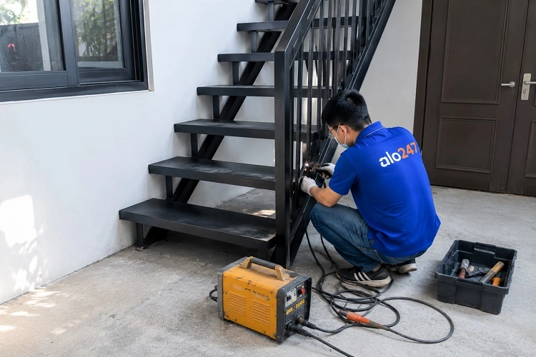 Thợ alo247 đang gia cố cầu thang sắt