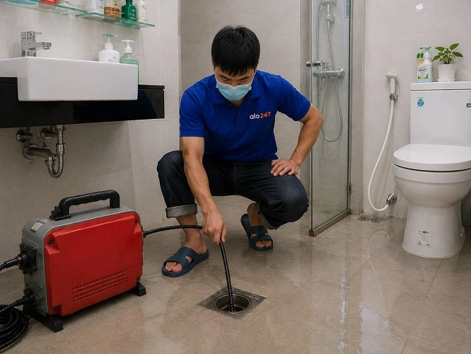 Thợ alo247 đang sử dụng máy lò xo để thông tắc cống sàn nhà vệ sinh tại Đông Anh