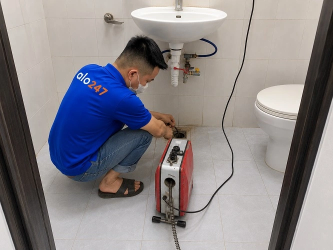 Thợ alo247 đang sử dụng máy lò xo để thông tắc cống sàn nhà vệ sinh tại Đống Đa