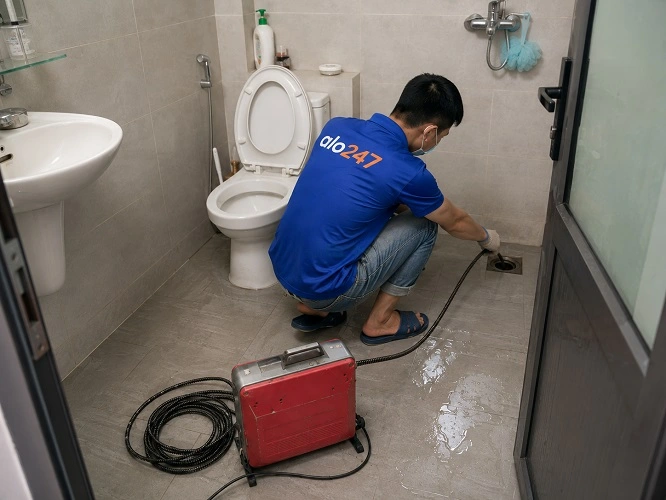 Thợ alo247 đang sử dụng máy lò xo để thông tắc cống sàn nhà vệ sinh tại Gia Lâm