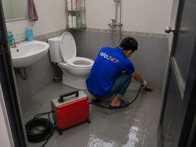 Thợ alo247 đang sử dụng máy lò xo để thông tắc cống sàn nhà vệ sinh tại Hà Đông