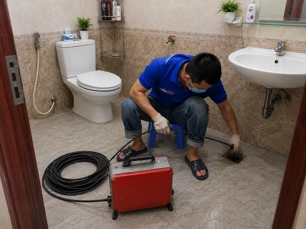 Thợ alo247 đang sử dụng máy lò xo để thông tắc cống sàn nhà vệ sinh tại Long Biên