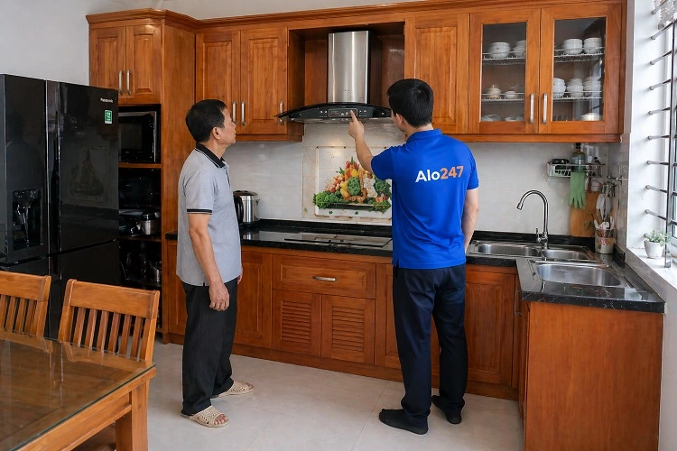 Thợ alo247 kiểm tra máy hút mùi bếp trước khi sửa chữa