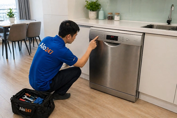 Thợ alo247 kiểm tra máy rửa bát Bosch trước khi sửa