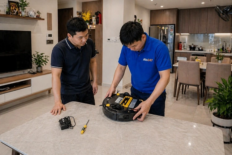 Thợ alo247 kiểm tra robot hút bụi trước khi sửa chữa