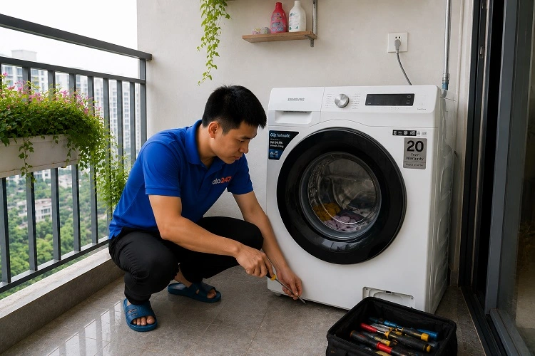 Thợ alo247 kiểm tra sau khi sửa máy giặt Samsung