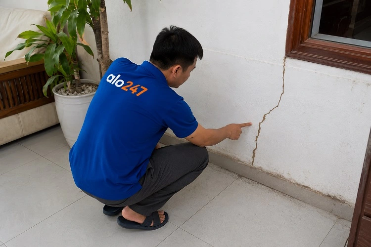 Thợ alo247 kiểm tra tình trạng tường bị mối tại nhà Hai Bà Trưng