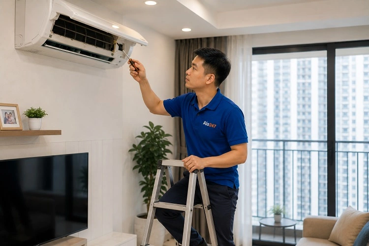Thợ alo247 kiểm tra trước khi sửa điều hoà tại Ba Đình