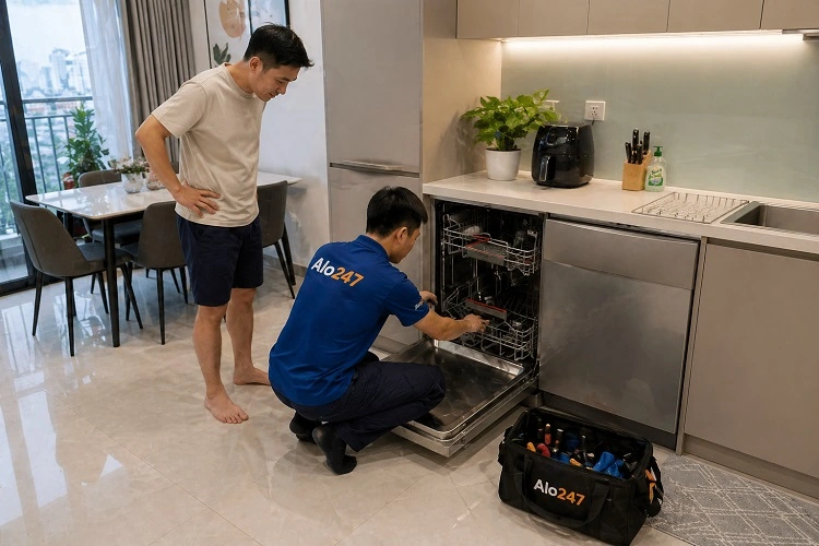 Thợ alo247 kiểm tra và trao đổi phương án sửa máy rửa bát