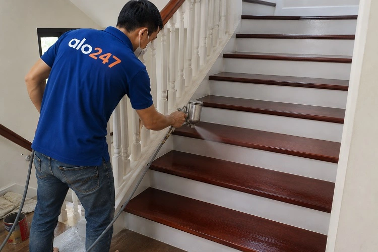 Thợ alo247 sơn lại mặt bậc cầu thang gỗ