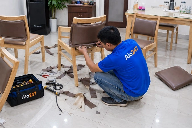 Thợ alo247 sửa lại da đệm ghế gỗ tại nhà