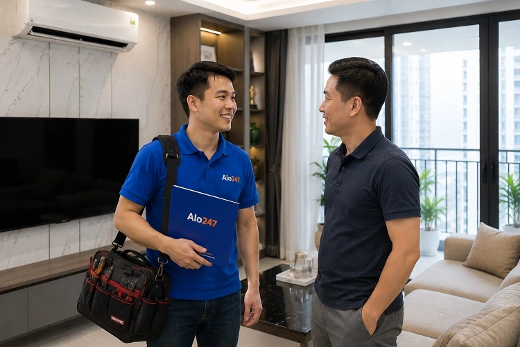 Thợ alo247 trao đổi bảo hành dịch vụ sửa điều hoà tại Hoàn Kiếm