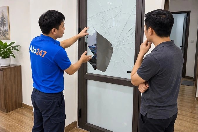 Thợ alo247 trao đổi phương án sửa chữa cho khách hàng