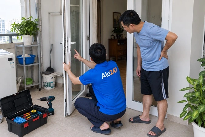 Thợ alo247 trao đổi phương án sửa khoá cửa