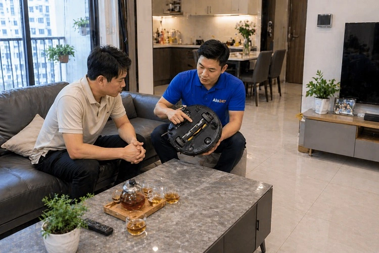 Thợ alo247 trao đổi phương án sửa robot hút bụi Ecovacs
