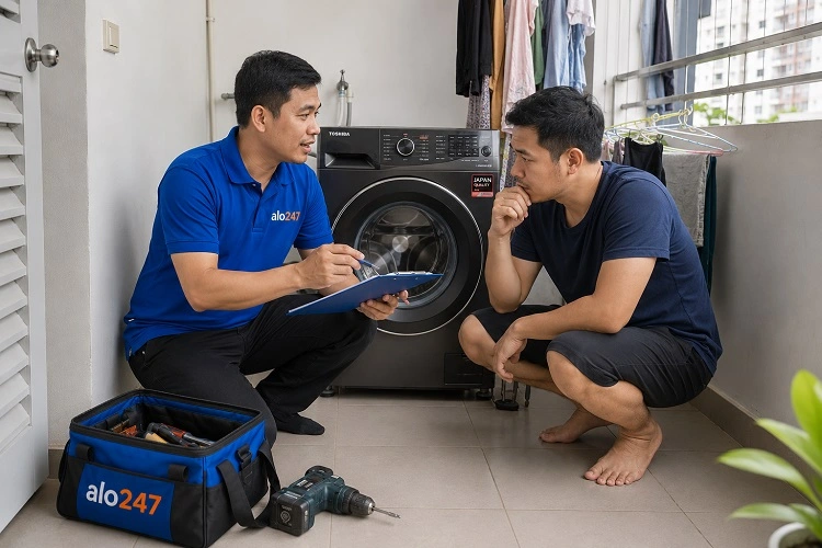 Thợ alo247 trao đổi thông tin bảo hành dịch vụ sửa máy giặt tại Thanh Trì