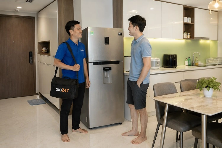 Thợ alo247 trao đổi thông tin bảo hành dịch vụ sửa tủ lạnh Samsung