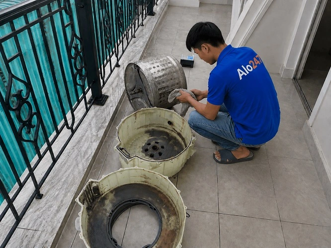 Thợ alo247 vệ sinh máy giặt cửa ngang tại Hà Nội