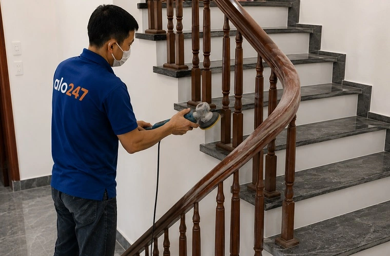 Thợ alo247 xử lý bề mặt gỗ trước khi thi công