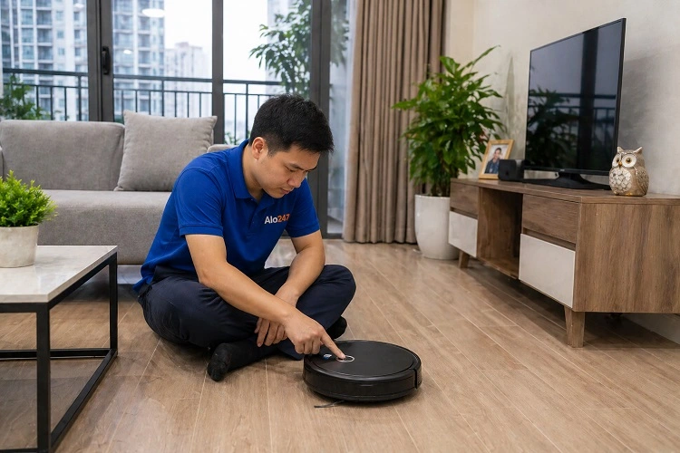 Thợ kiểm tra lại thiết bị sau khi xử lý lỗi