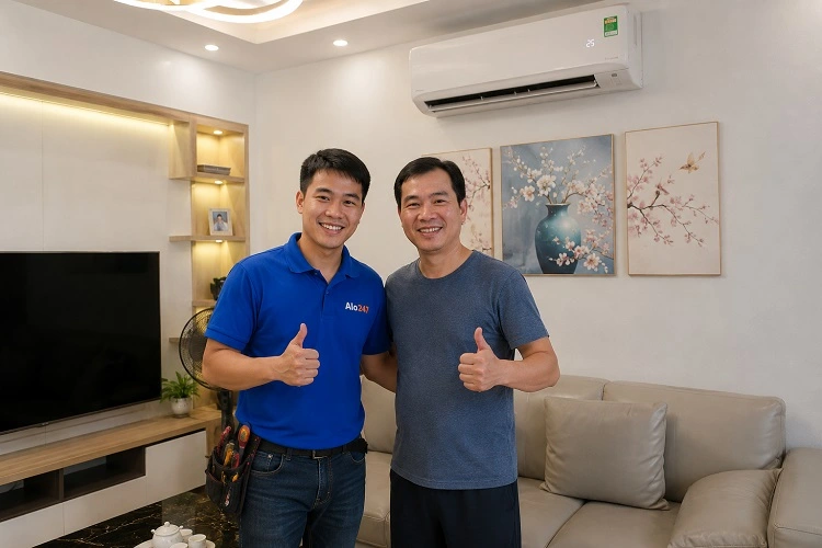 Thợ vui vẻ bàn giao dịch vụ sau khi khắc phục lỗi thiết bị