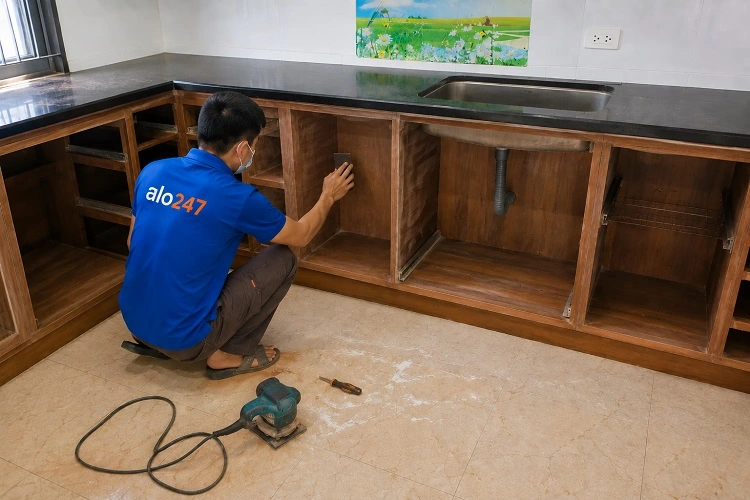 thợ Alo247 đang chà nhám và làm sạch bề mặt khung tủ bếp
