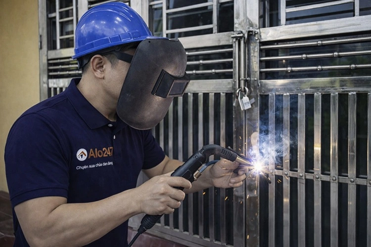 thợ alo247 đang hàn sửa cổng inox