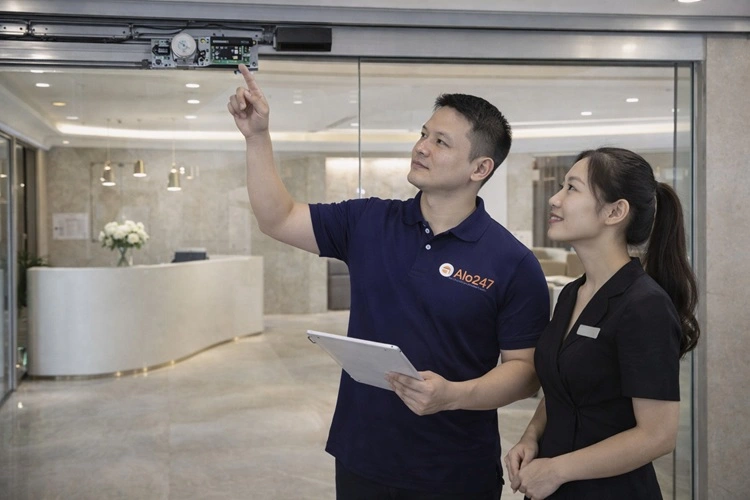 thợ alo247 đang kiểm tra cửa kính tự động