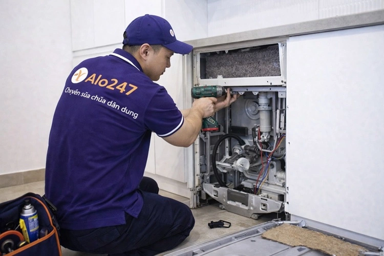thợ alo247 đang sửa máy rửa bát