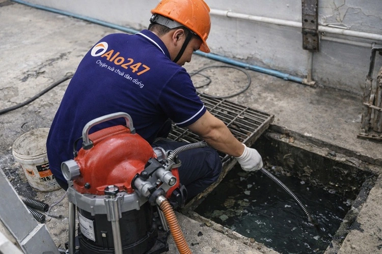 thợ alo247 đang thông tắc cống bằng máy lò xo