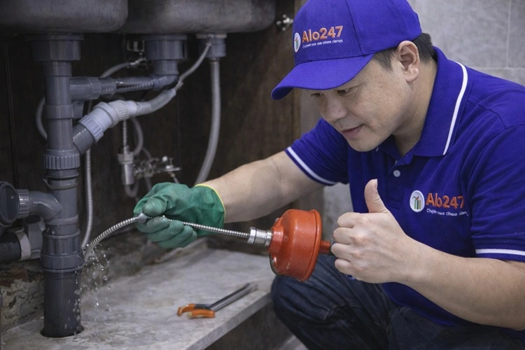 thợ alo247 đang thông tắc đường ống nước bằng dây lò xo
